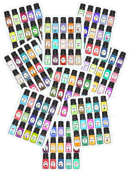 PLR Digital Stickers Cartoon Essential Oil Bottles {133 different oil stickers}